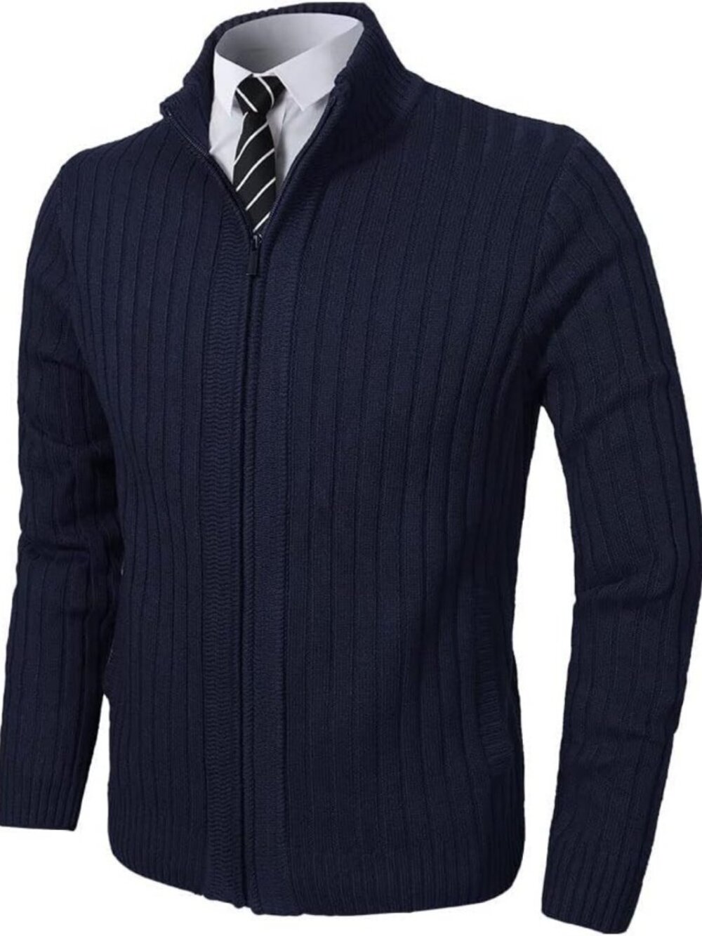 Men's Slim Fit Full Zip Cardigan Sweater with Stand Collar - Cozy & Stylish